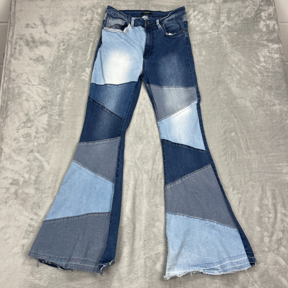 American Bazi Jeans Womens L (29x32) Blue Patchwork Stretch Raw Hem Flared Leg